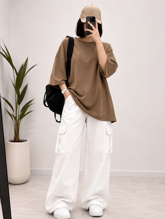 DUO PACK ( COFFEE BROWN BAGGY TEE WITH WHITE CARGO WIDE LEG JEANS )