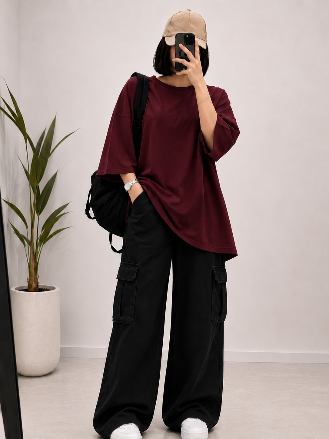 DUO PACK ( MAROON BAGGY TEE WITH BLACK CARGO WIDE LEG JEANS )