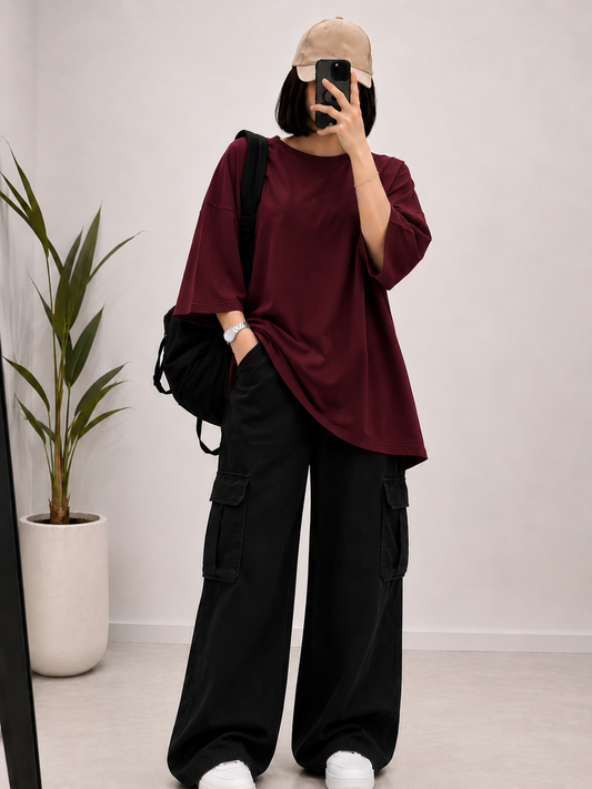 DUO PACK ( MAROON BAGGY TEE WITH BLACK CARGO WIDE LEG JEANS )