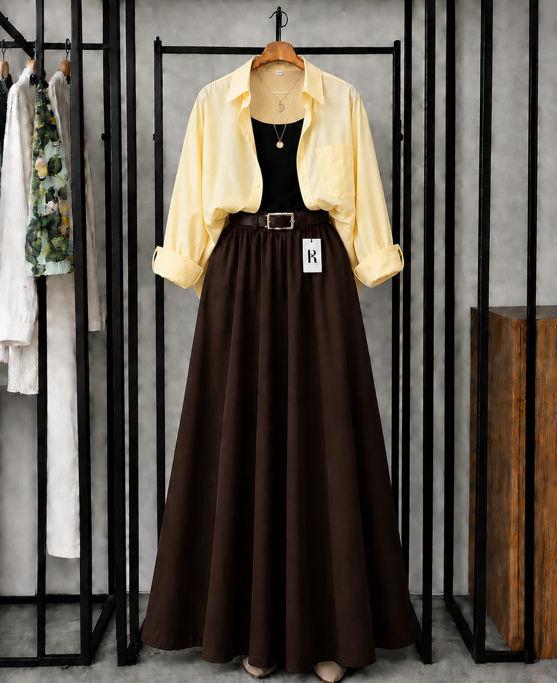 SUMMER TRIO PACK ( BUTTER YELLOW BUTTON DOWN SHIRT WITH BLACK INNER AND DARK BROWN MAXI SKIRT )