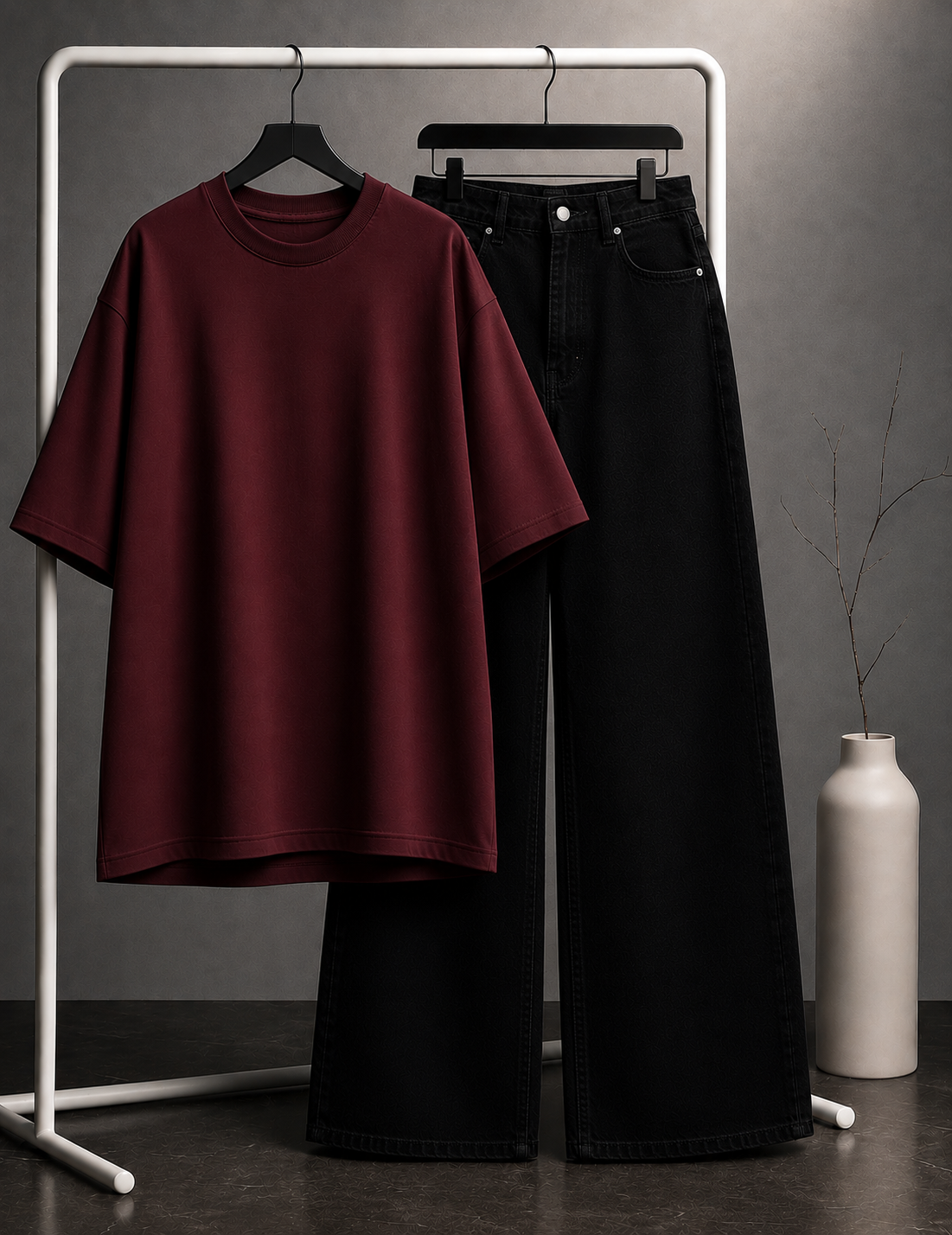 DUO PACK ( MAROON BAGGY TEE WITH JET BLACK WIDE LEG JEANS )