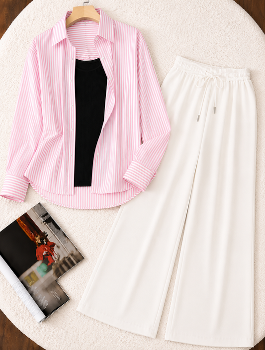 TRIO PACK ( WHITE AND PINK STRIPES BUTTON DOWN SHIRT WITH BLACK INNER AND WHITE FLAPPER TROUSER)