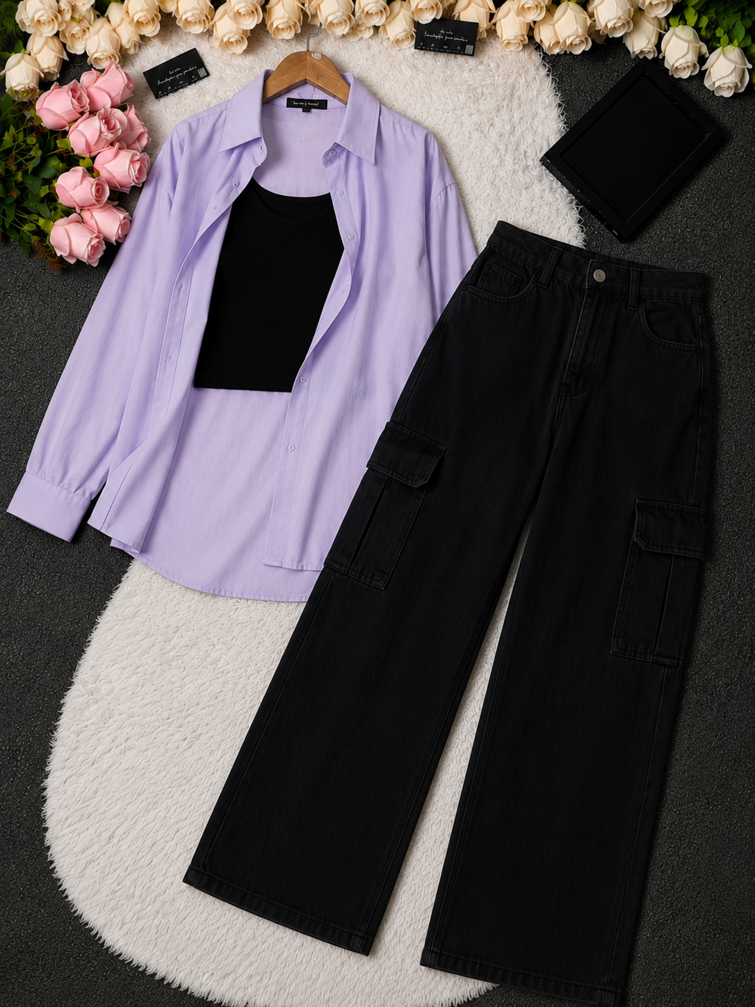 SUMMER TRIO PACK ( LILAC BUTTON DOWN SHIRT WITH BLACK INNER AND JET BLACK CARGO DENIM.)