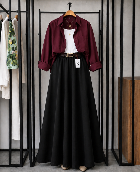 SUMMER TRIO PACK ( MAROON BUTTON DOWN SHIRT WITH WHITE INNER AND BLACK MAXI SKIRT)