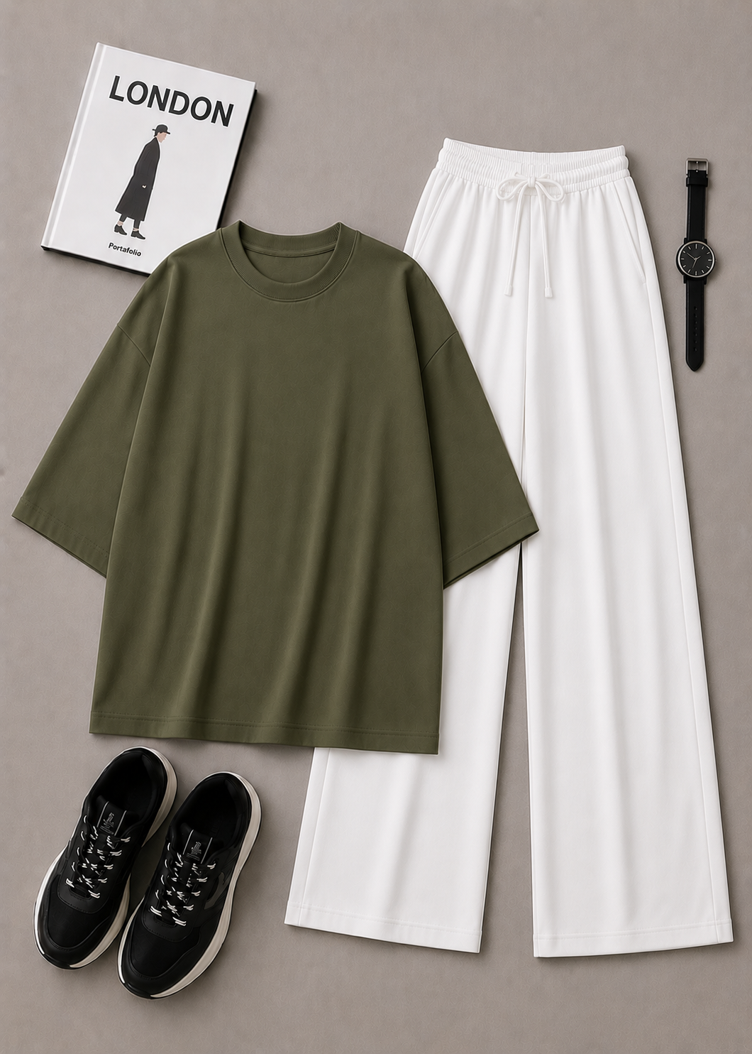 DUO PACK ( OLIVE GREEN BAGGY TEE WITH WHITE FLAPPER TROUSER )