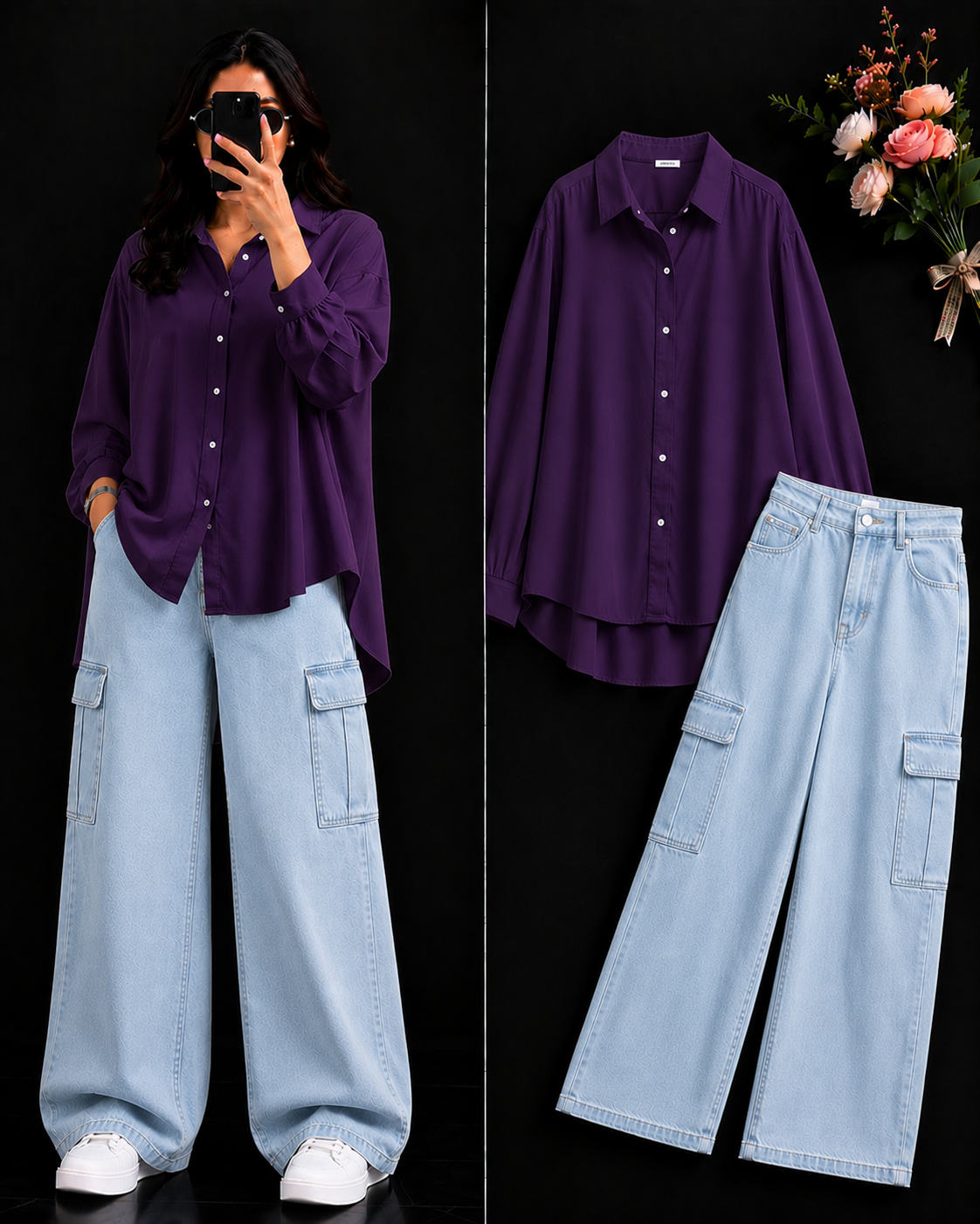 DUO PACK ( DARK PURPLE BUTTON DOWN SHIRT WITH ICE BLUE WIDE LEG CARGO DENIM )
