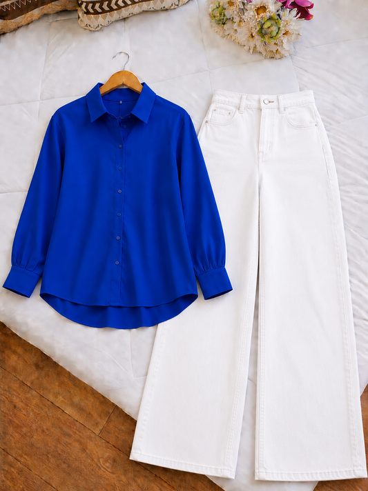 DUO PACK ( ROYAL BLUE BUTTON DOWN SHIRT WITH WHITE WIDE LEG JEANS )