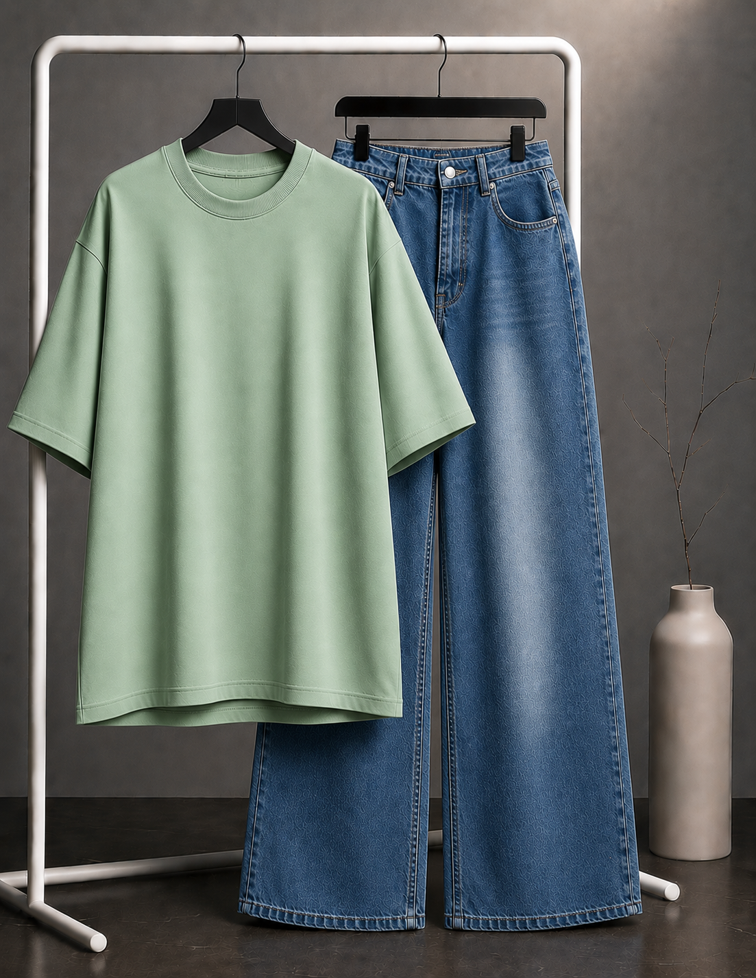DUO PACK ( MINT GREEN BAGGY TEE WITH MID BLUE FADED WIDE LEG JEANS )