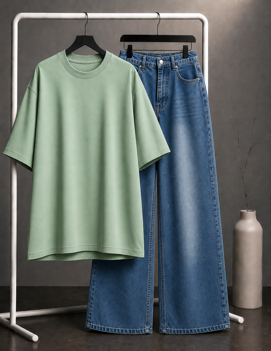 DUO PACK ( MINT GREEN BAGGY TEE WITH MID BLUE FADED WIDE LEG JEANS )