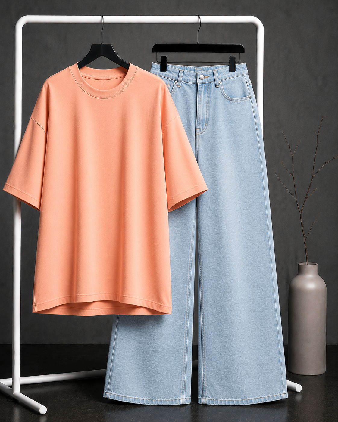 DUO PACK ( PEACH BAGGY TEE WITH ICE BLUE WIDE LEG JEANS )