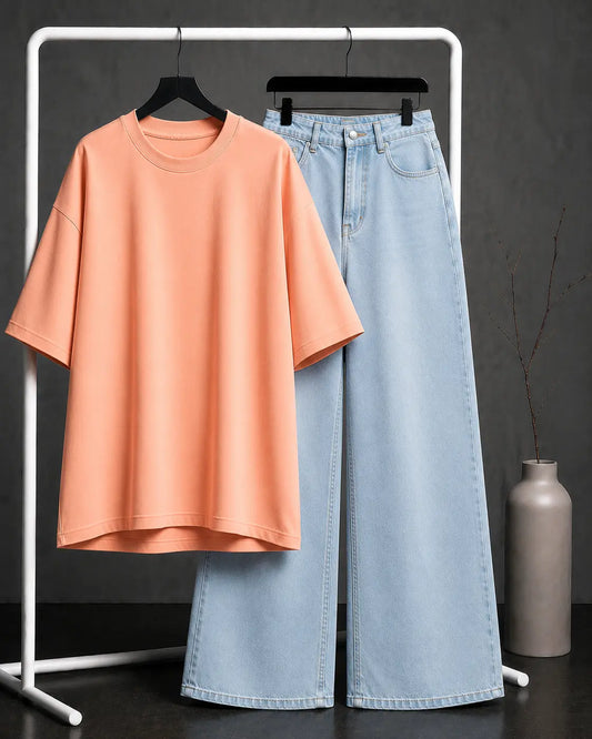 DUO PACK ( PEACH BAGGY TEE WITH ICE BLUE WIDE LEG JEANS )