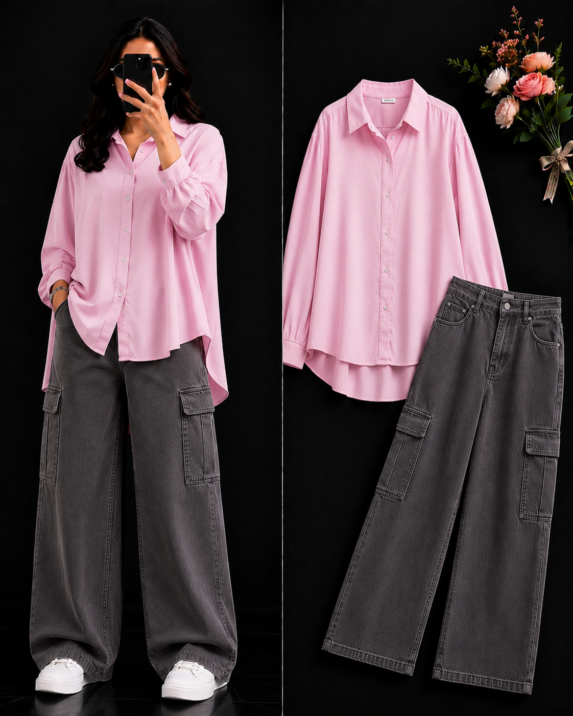 DUO PACK ( BABY PINK BUTTON DOWN SHIRT WITH CHARCOAL GREY WIDE LEG CARGO DENIM )