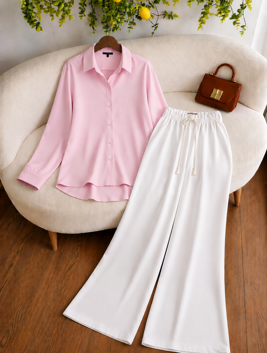 DUO PACK ( BABY PINK BUTTON DOWN SHIRT WITH WHITE FLAPPER TROUSER )