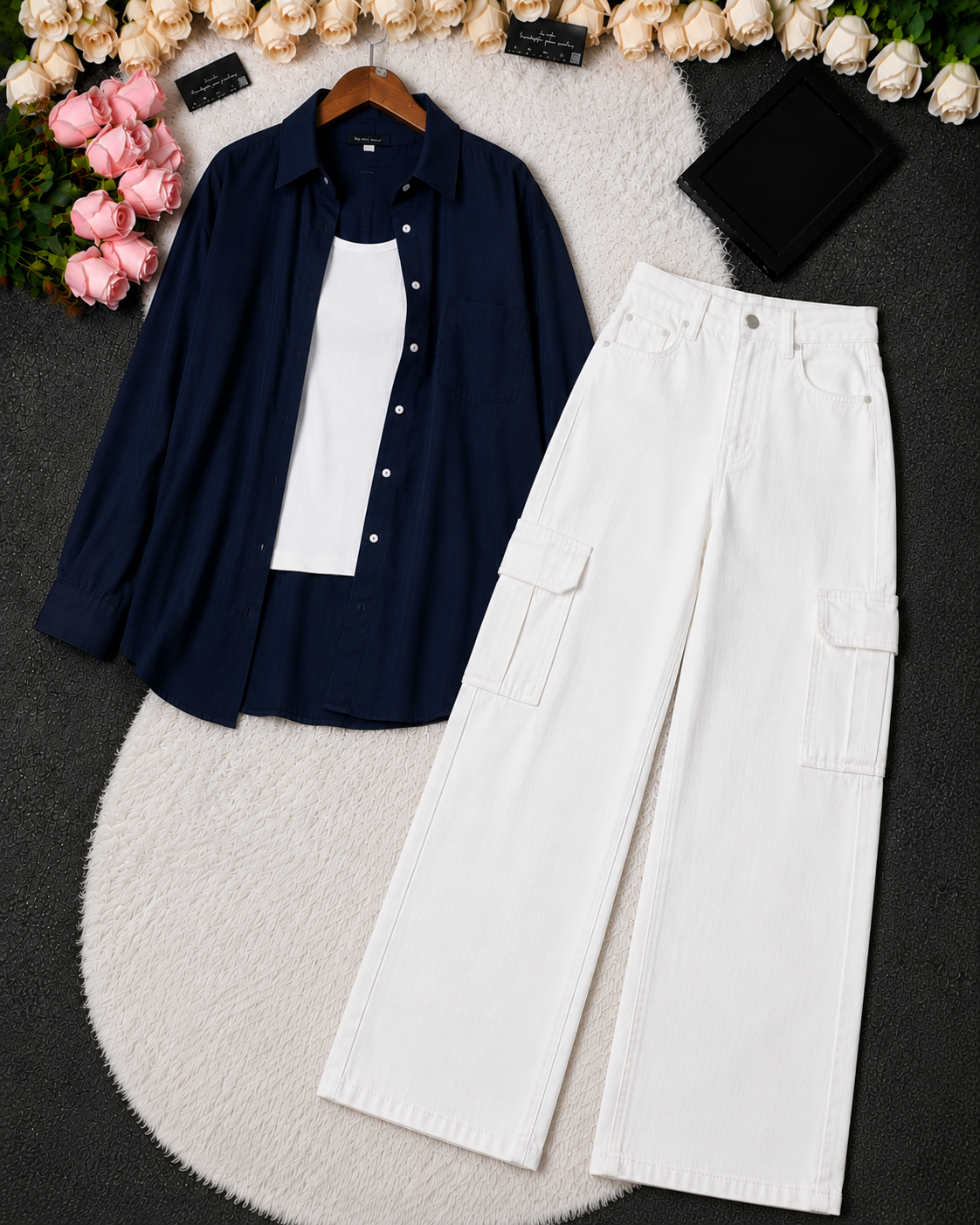 SUMMER TRIO PACK ( NAVY BLUE BUTTON DOWN SHIRT WITH WHITE INNER AND WHITE WIDE LEG CARGO DENIM)