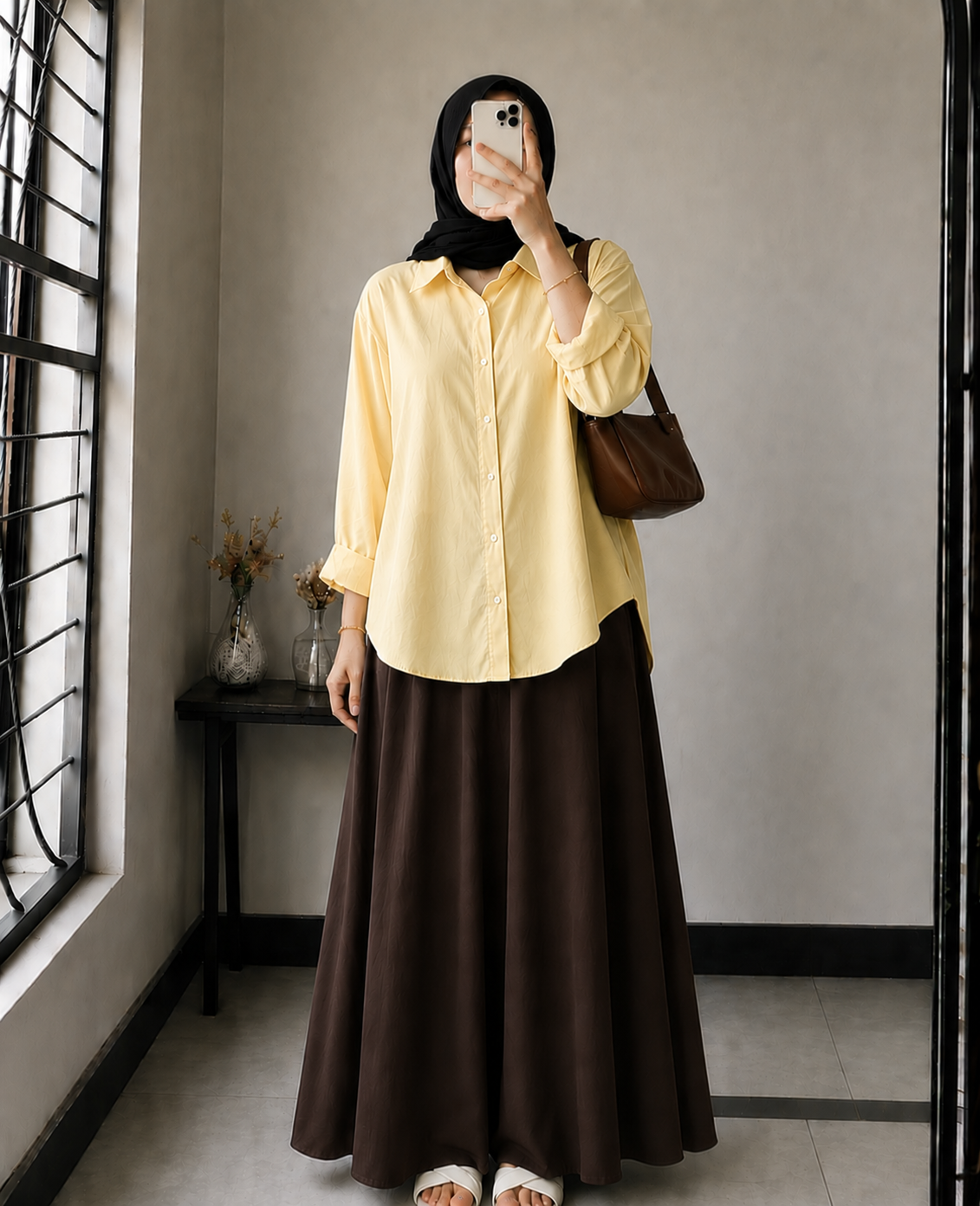DUO PACK ( BUTTER YELLOW BUTTON DOWN SHIRT WITH DARK BROWN MAXI SKIRT )