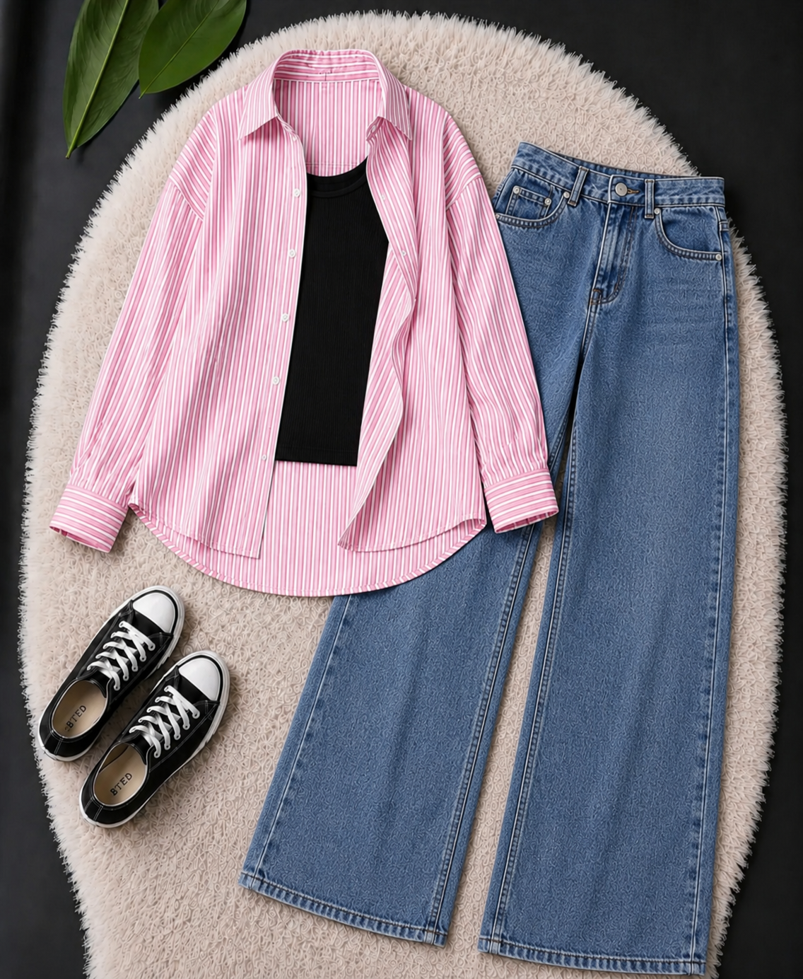 TRIO PACK (WHITE AND PINK STRIPES BUTTON DOWN SHIRT WITH BLACK INNER AND MID BLUE WIDE LEG JEANS)