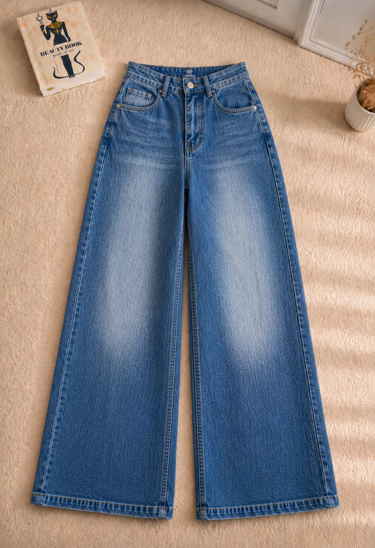 MID BLUE FADED WIDE LEG BAGGY JEANS